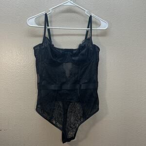 Vintage‎ INC Top Women L Black Bodysuit Sheer Lace Corset Y2K Whimsigoth Witchy